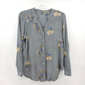 Figueroa & Flower Womens XL Gray Floral Embroidered Button Peasant Blouse